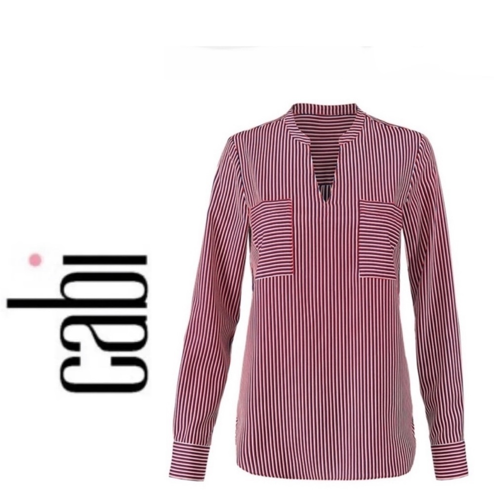 Cabi Striped V Neck Franklin Top Size Medium NWOT Pockets Red White Blue